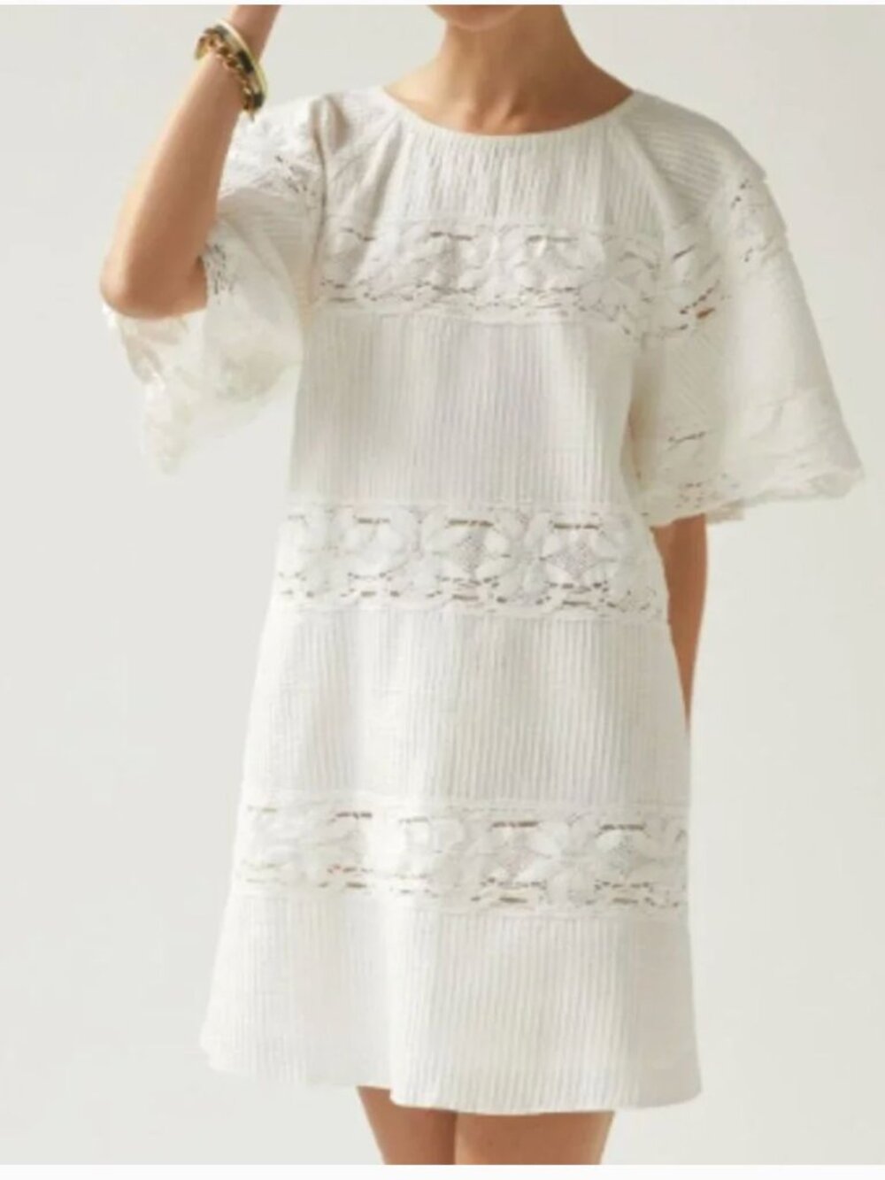 Corey Lynn Calter Medium Off White Cotton Crochet Tiered Bell Sleeve Mini Dress